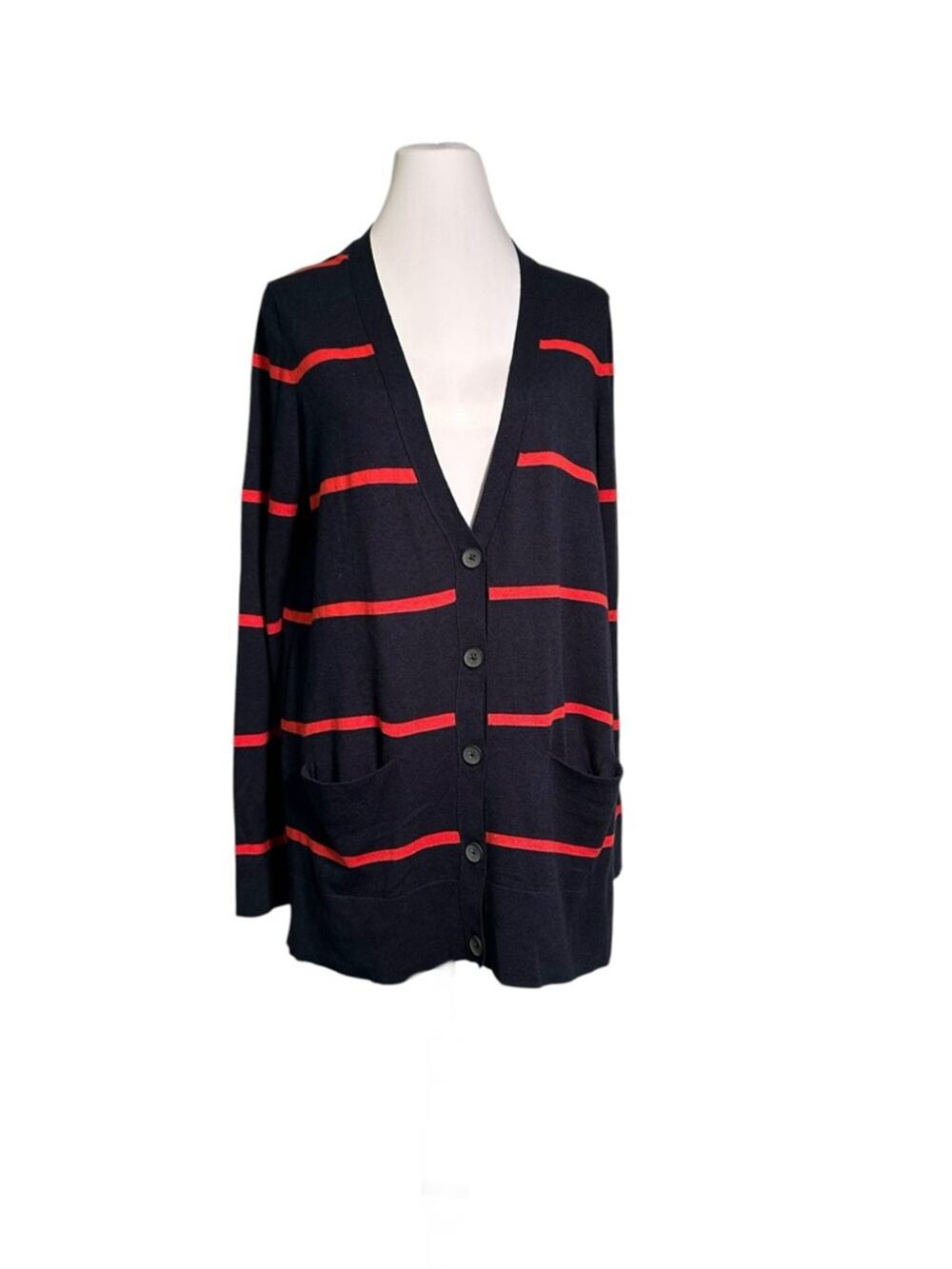 Old Navy Striped Navy Knit Cardigan w/ Red Accents Size M High Low NWT